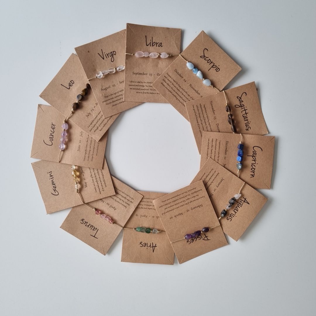 Zodiac gemstone bracelets featuring crystals aligned with specific zodiac signs, presented with a heartfelt message card in a gift carton.